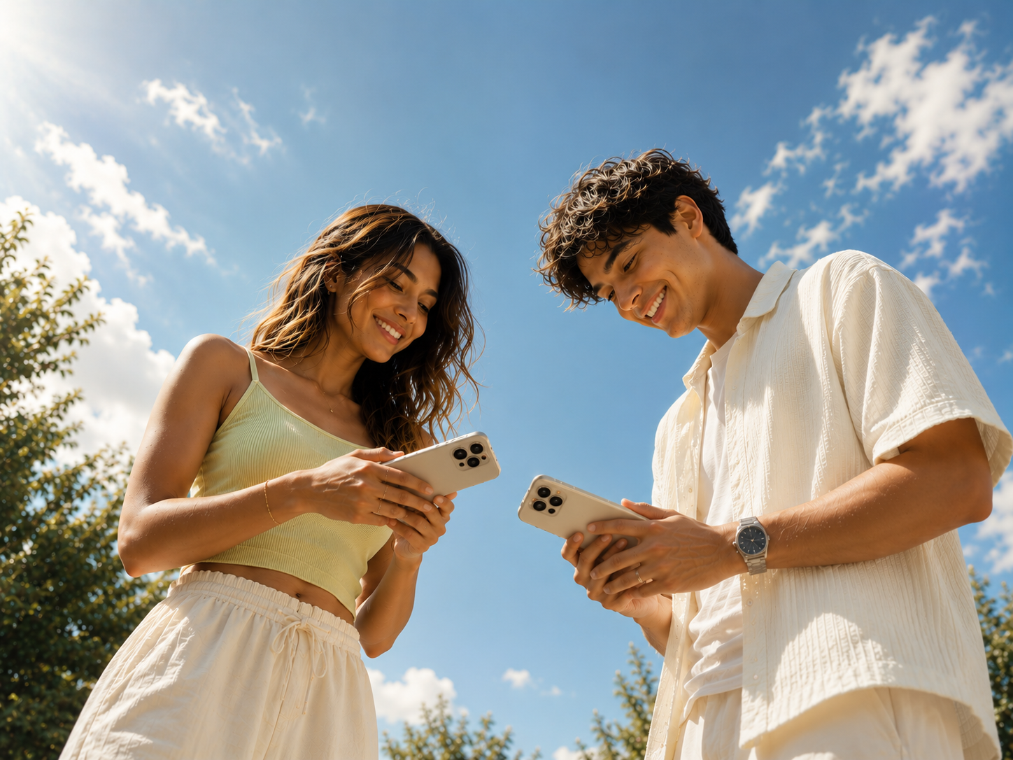 Two people smiling at their phones under a blue sky